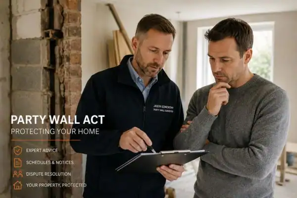 Party wall surveyor Lewes discussing extension plans with homeowner outside a UK semi-detached house.